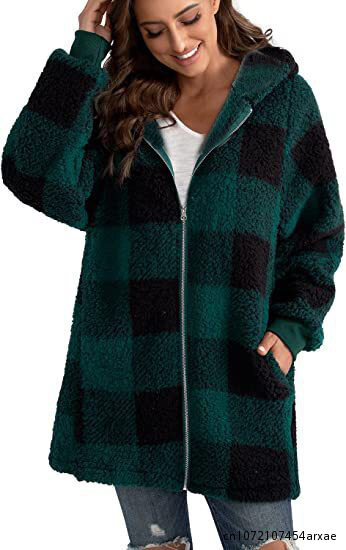 Jaqueta de grandes dimensões para a moda feminina casaco novo casual senhoras roupas manga longa xadrez com capuz bolso zip