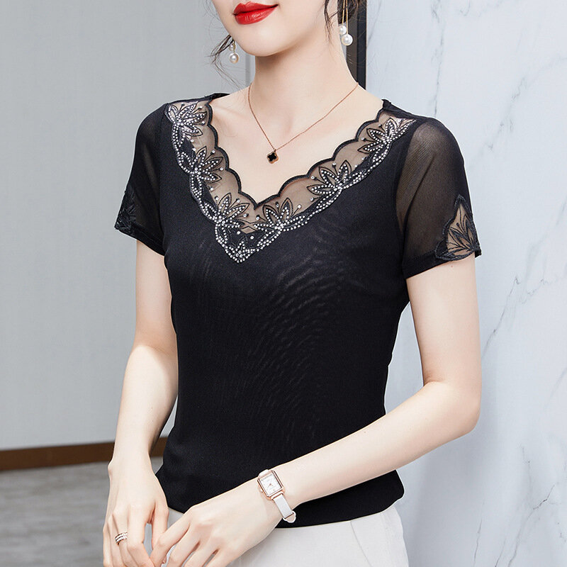 2024 Summer Hot Diamond T-Shirt, Women's Hollowed Out Embroidered Mesh Tops Black Clothes