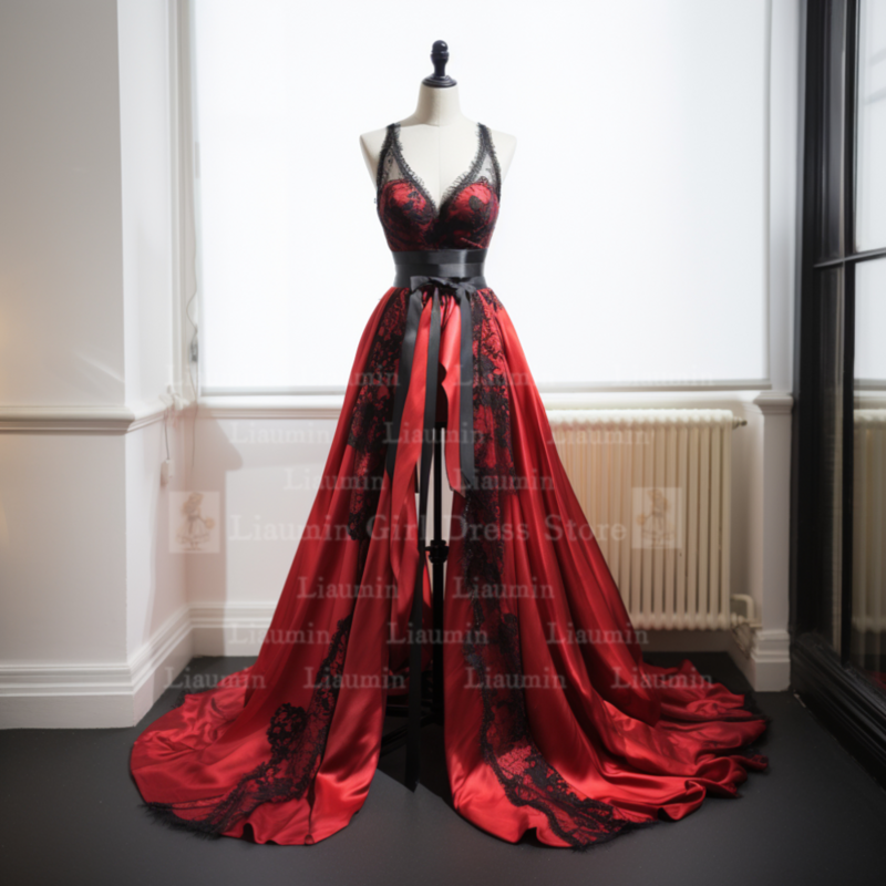 Vestido de noche de satén rojo y negro personalizado, apliques de borde de encaje sin tirantes, longitud completa, cordones en la espalda, ropa elegante, W1-15