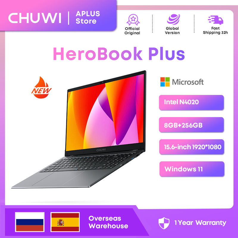 HeroBook Além disso, Computador portátil CHUWI, 8GB de RAM, 256GB SSD, Intel Celeron N4020, Dual Core, 15,6 "Tela IPS, Windows 11 Notebook