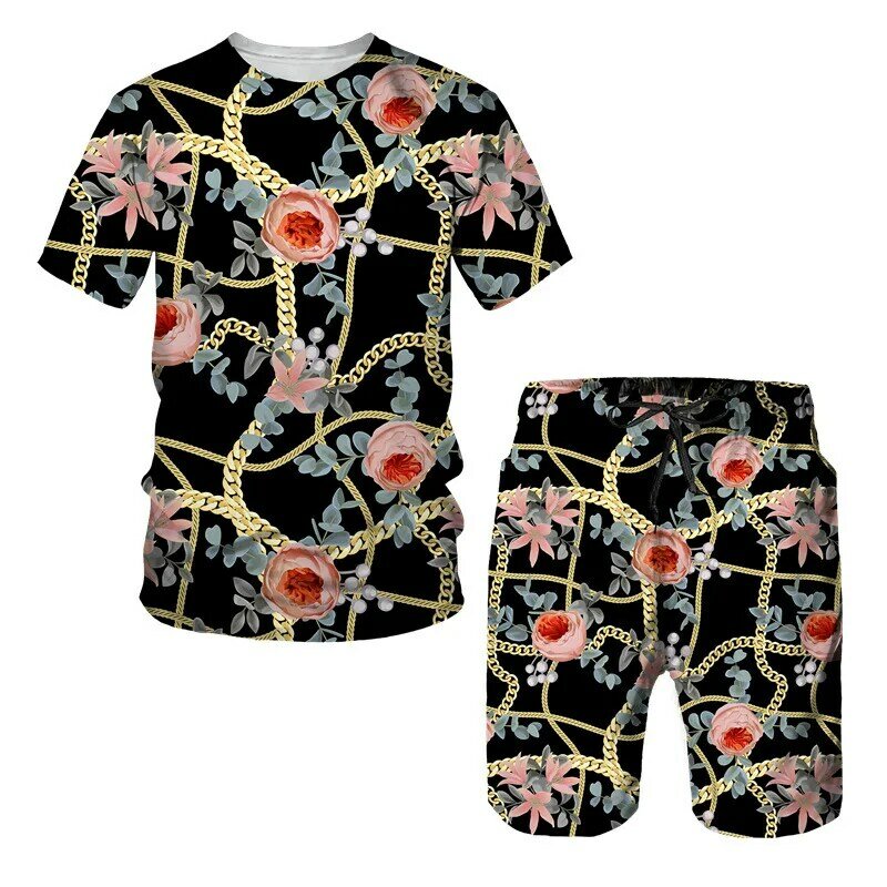 Sommer neue gedruckte Muster 3d gedruckt europäischen Hof Stil Kette Rundhals-T-Shirt lose Kurzarm Hugh Top Shorts Set