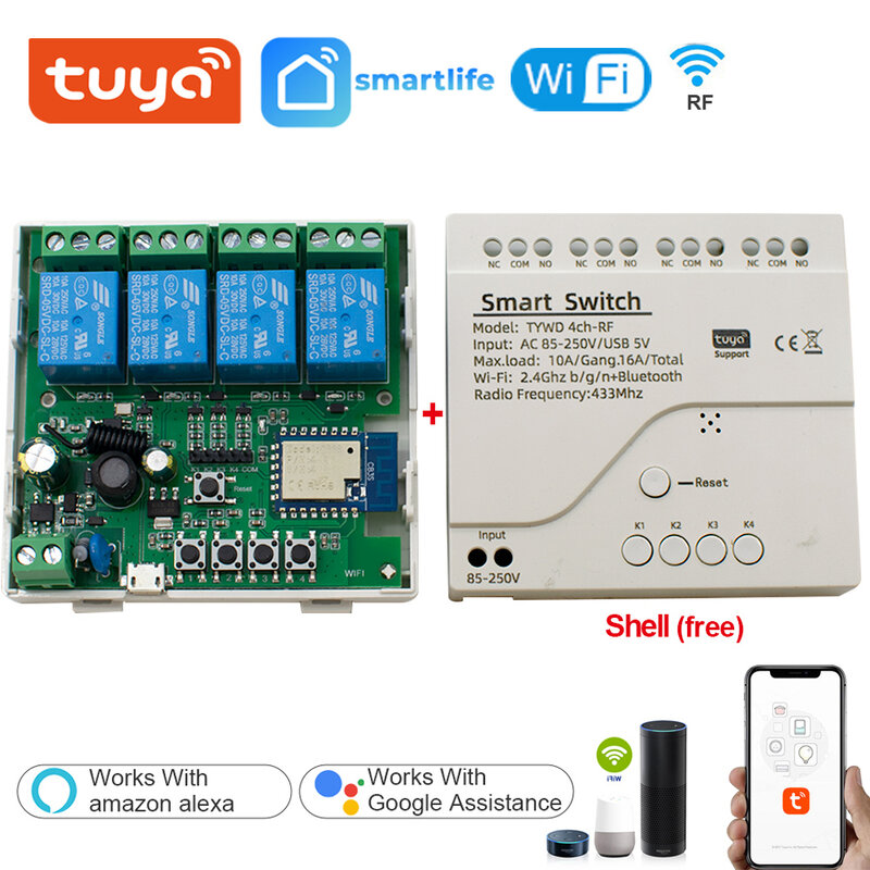 Tuya-接続されたWi-Fiスイッチモジュール,12-24-220v,rf 433,リレーモジュール,alexa Google Homeとの互換性,リモートコントロール