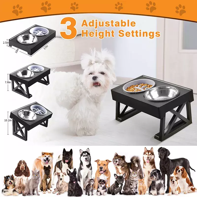 Cuencos altos dobles para perros, soporte de 3 niveles de altura ajustable, plato de alimentación lenta para perros medianos y grandes, mesa de alimentadores de agua