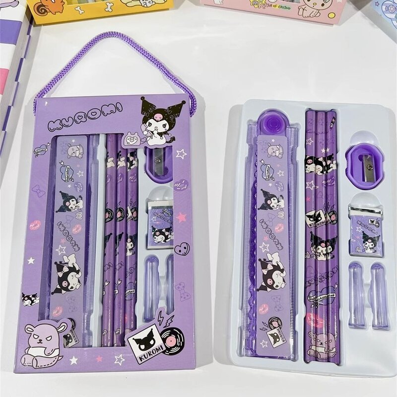 Sanrio Briefpapier Set Kawaii Hello kitty Melodie Kuromi Cinna moroll Kinder Schule liefert Bleistift Radiergummi Lineal Weihnachts geschenke
