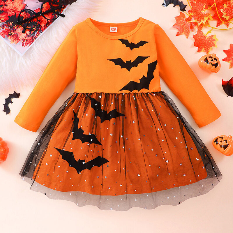 Vestido de tul con estampado de murciélago y estrella para niña, traje de princesa informal para fiesta de Halloween, actuación en escenario, vestidos de cosplay para niños