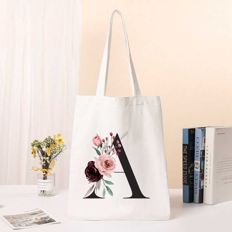 Flower Letter A-Z Print Shoulder Bag Female Fashion Tote Bag White Large Capacity Canvas Bags Wild Travel Bag Women Shopping Bag