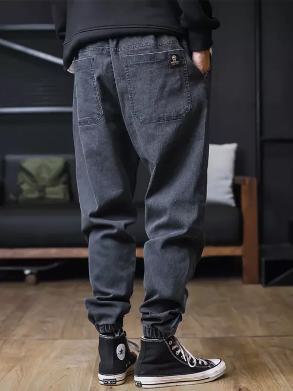 Duże dżinsy męskie luźne spodnie w stylu Streetwear szarawary dżinsowe spodnie Cargo do kostek