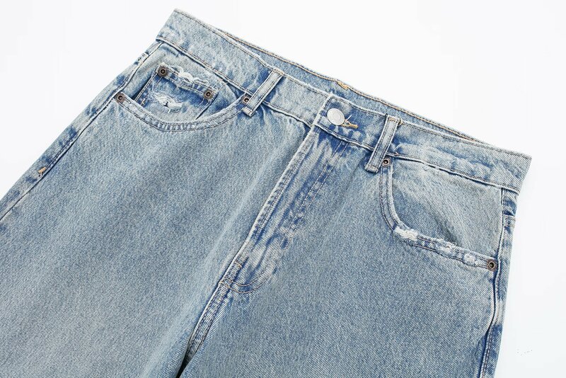 Dames Nieuwe Mode Gebroken Gat Decoratie Losse Kant Zak Casual Jeans Vintage Hoge Taille Rits Dames Denim Broek Mujer