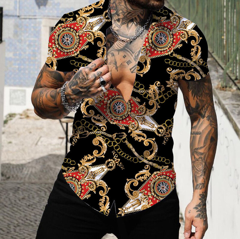 Mens Clothing Social Shirt Man Baroque Print Loose Shirts Tops Luxury Lapel Prom High Quality Blouse 5XL Oversized Tee Shirt Men