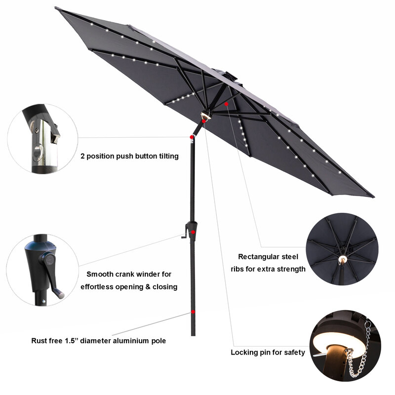 Paraguas de mesa de mercado para Patio al aire libre de 9 pies con luces LED solares e inclinación