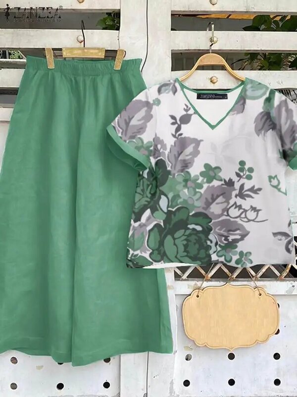 ZANZEA-Conjunto de pantalones y Blusa de manga corta para mujer, traje de 2 piezas con estampado floral, de pierna ancha, para verano, 2024