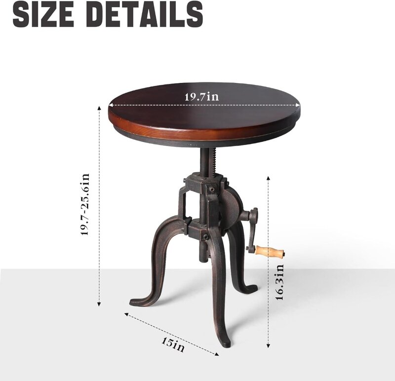Industrial Iron Adjustable Crank Accent Table Walnut Wood Top/Copper Home Decor Crank End Table For living room