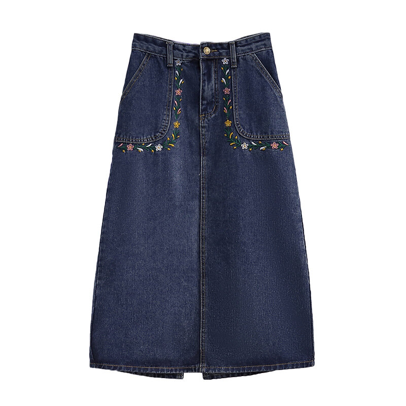 Трапециевидная джинсовая юбка с завышенной талией средней длины с разрезом сзади и ягодицами