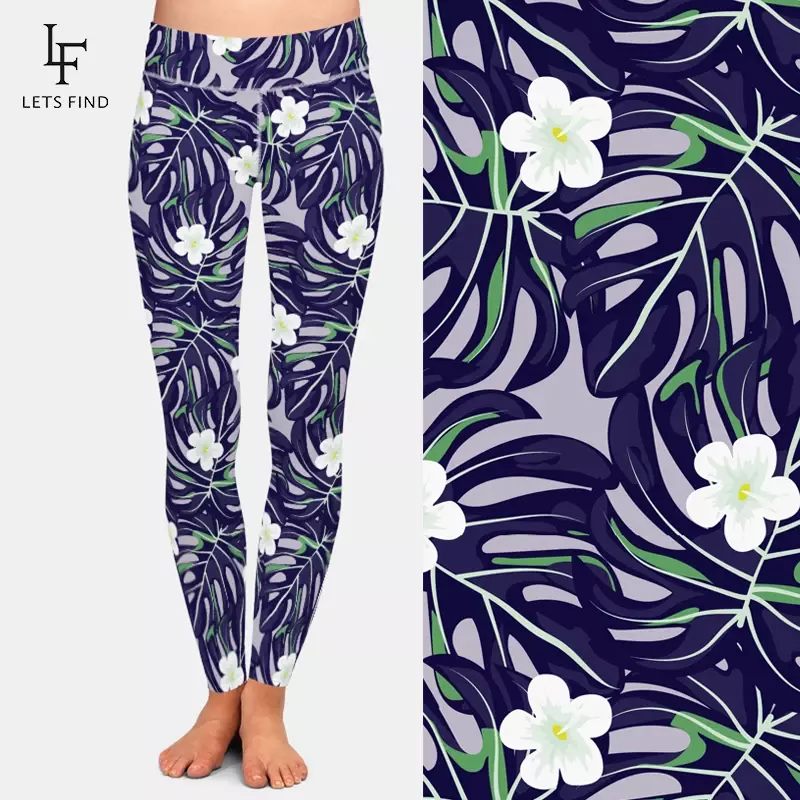 LETSFIND-mallas ajustadas de cintura alta para mujer, Leggings elásticos con estampado de hojas tropicales, pantalones informales para Fitness