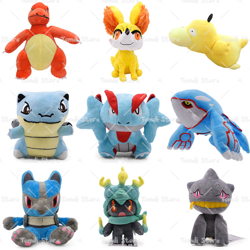Pokémon Brilhante Pelúcia Brinquedos Recheados, Banette Kyogre, Marshadow, Fennekin, Lucario, Salamence, Psyduck, Charmeleon, Presente de Natal