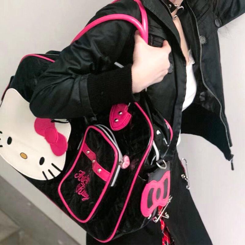 Hello Kitty Kawaii Sanrio Y2k High Capacity Handbag Messenger Bag Cartoon Pu Bright Surface Travel Bag Girls Fashion Travel Bag