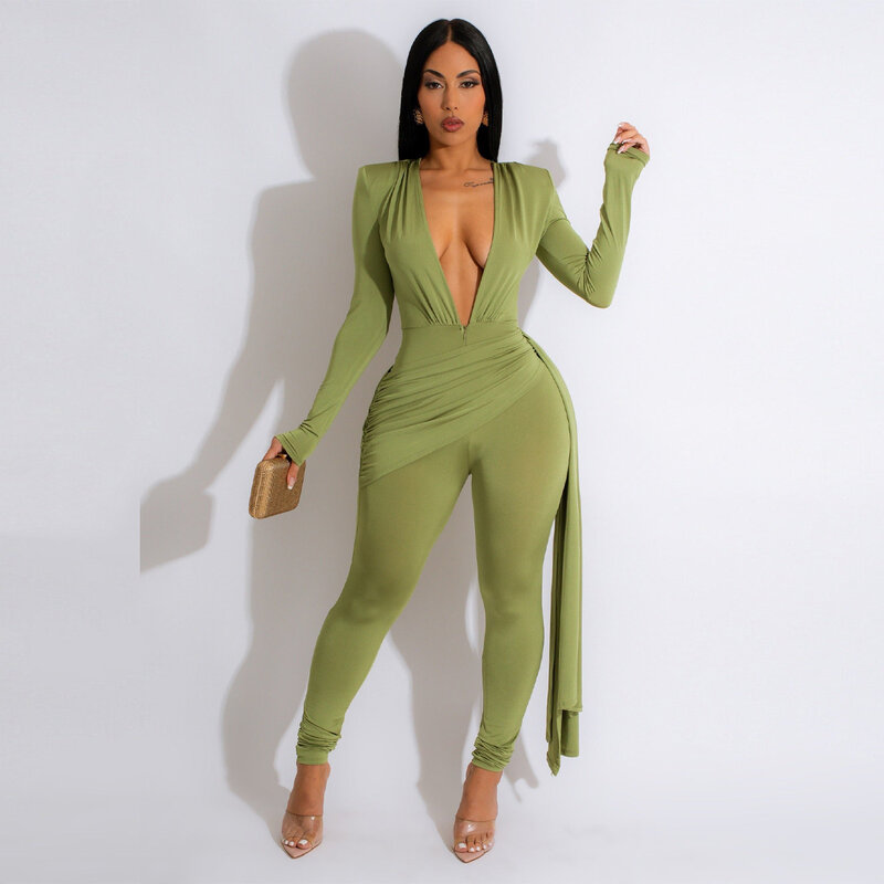 BKLD Club Outfit For Women Spring Summer Fashion Deep V-neck Long Sleeve Sexy Jumpsuit With Zipper Solid Color One Pieces