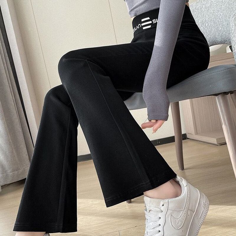 Новинка 2024, подходящая ко всему приталенная Женская одежда в Корейском стиле, трендовые женские модные брюки в стиле пэчворк, однотонные черные расклешенные брюки