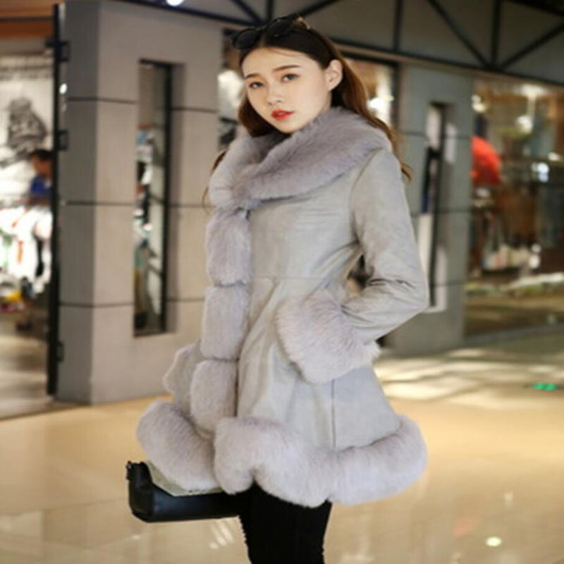 Size 6XL Women's Clothing Autumn Winter Imitation Fox Fur Big Fur Collar Thick Warm Female's Leather Jacket Slim Fur Coat