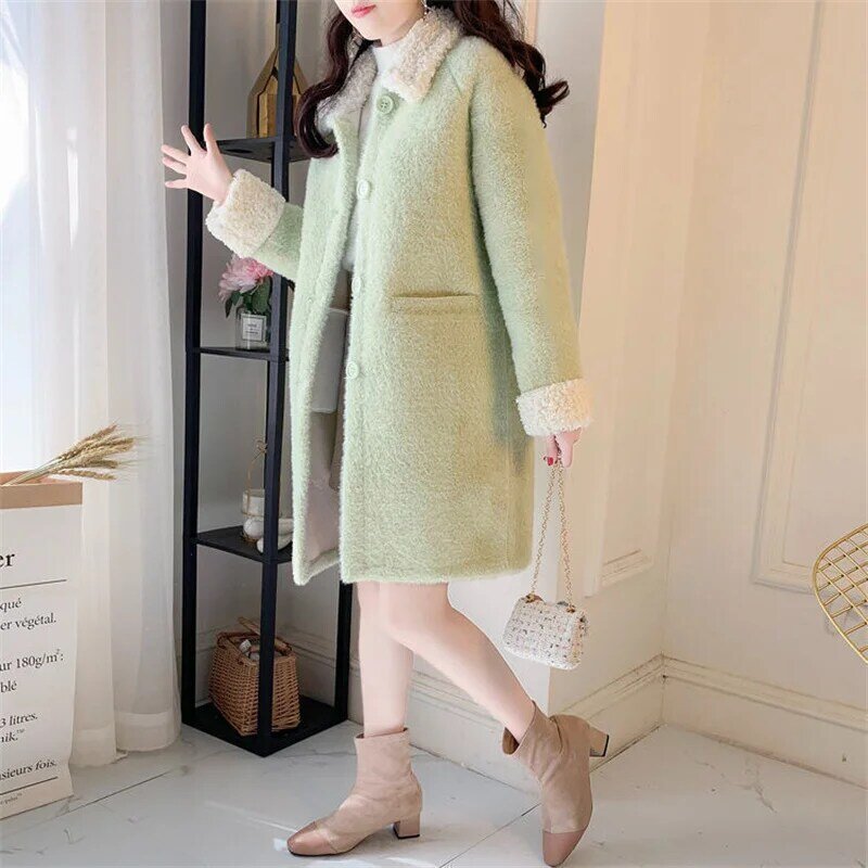 Blusão imitação de lã de cordeiro feminino, moda coreana, temperamento versátil, solto, luxuoso, quente, comprimento médio, outono, inverno, novo
