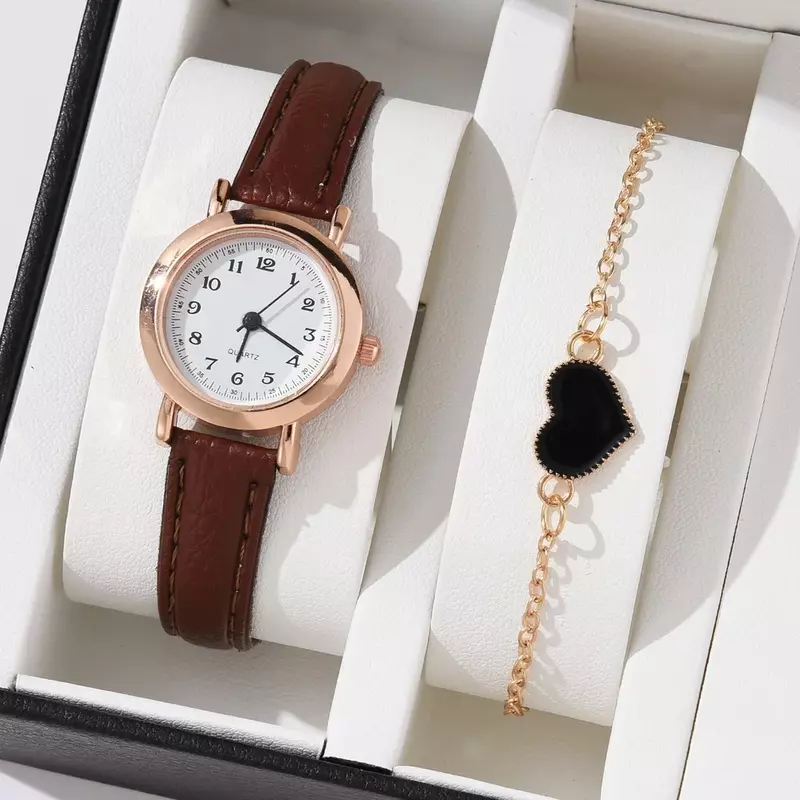 【Gratis Bracelet' Damesmode Casual Lederen Horlogeband Kwartshorloges Armband Tweedelige Set