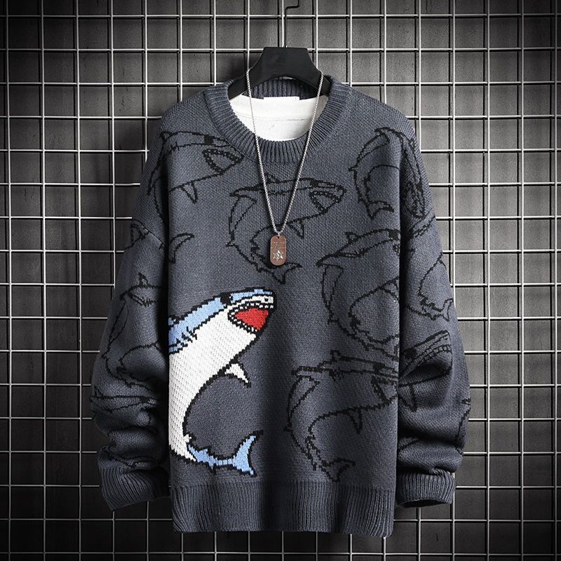 Pullover Herren Damen Winter warm Rundhals Strick pullover Harajuku Anime Unterhemd ästhetisches Design Y2k Kleidung Hai