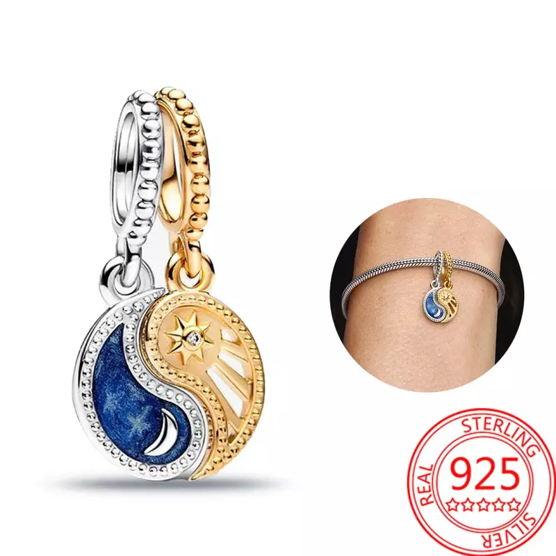 Original The Yin & Yang Two-tone Splittable Sun & Moon Dangle Charm Fit Pandora Bracelet 925 Sterling Silver Jewelry Pendant