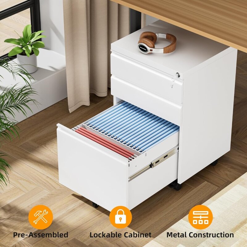 3 Drawer Filing Cabinet with Lock, Assembled White Mobile File Cabinet with Wheels, Rolling Small Metal Cabinets