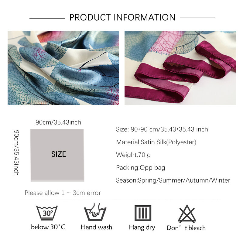 Foulard carré en Satin pour femmes, Hijab en soie, châle, couvre-chef femme, imprimé feuille, bandeau pour cheveux, Bandana, 2022