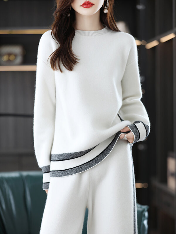 2022 New Wool Knitted Suit Women Thickened Autumn And Winter High-End Leisure Age-Reducing Wide-Leg Pants Two-Piece Set