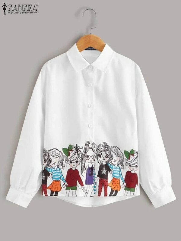 Frauen Revers Kragen Langarm Tops Zanzea Mode Cartoon gedruckt Hemd Urlaub weibliche Kleidung Tuniken koreanische lässige 2024 Blusas