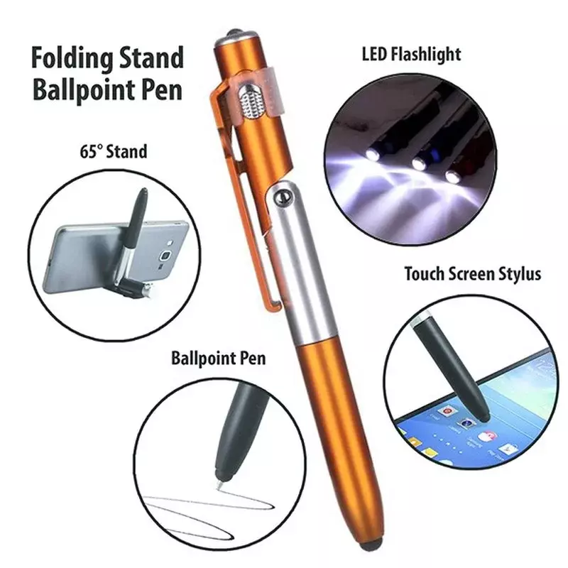 4 In 1 Multifunction Ballpoint Pen with LED Light Fold Phone Holder Night Read Writing Pencil Office School Student Stationery