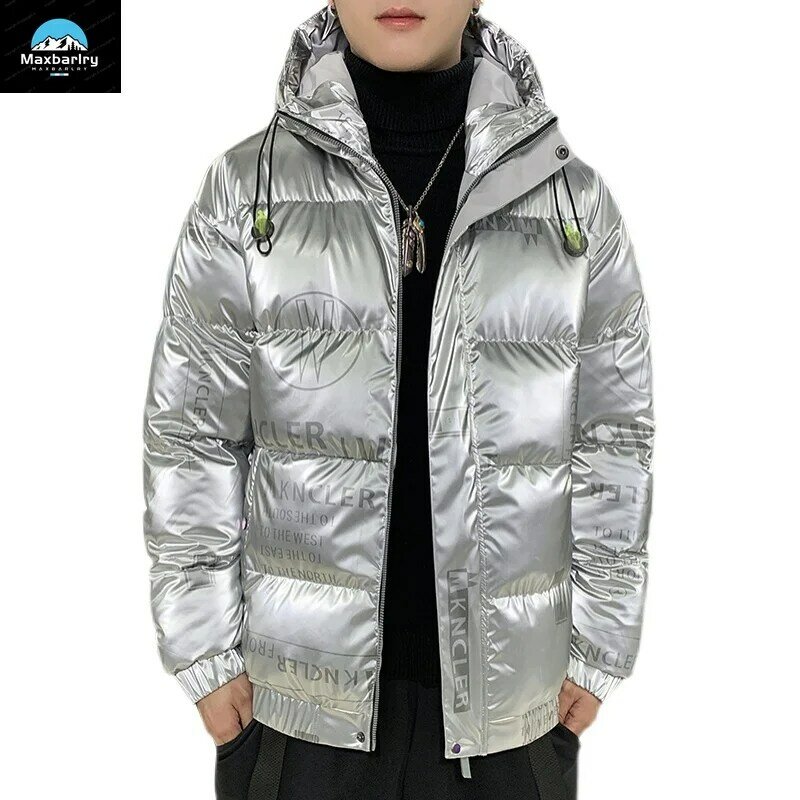 Jaket hangat bertudung untuk pria, jaket Parka musim dingin mengkilap warna putih bebek hangat dengan ritsleting, mantel Parka musim dingin