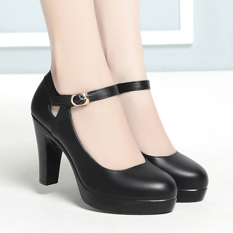 Sepatu kulit lembut musim semi wanita ujung bulat sepatu Platform hak tebal modis elegan elegan hitam sepatu kerja tunggal