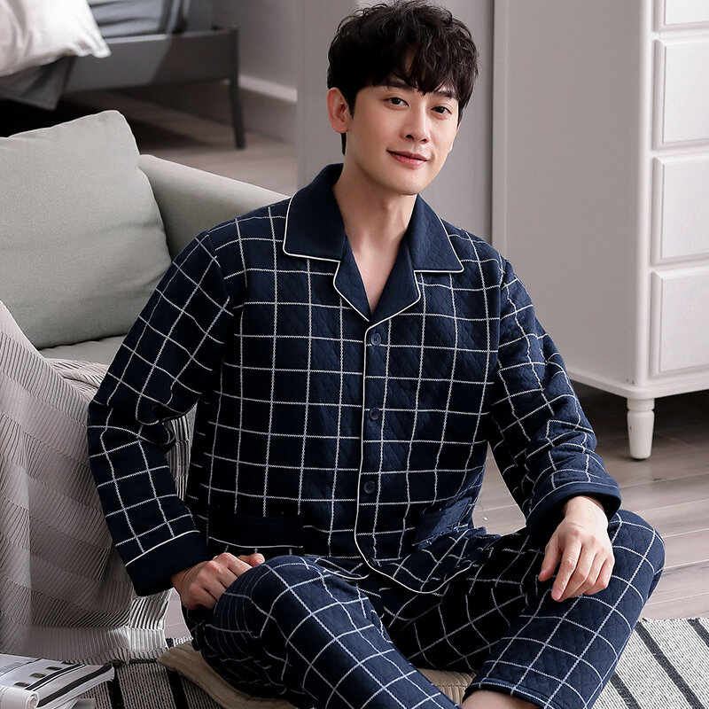 Pijama fino de algodão masculino, manga comprida, 3 camadas, cardigã, gola, xadrez, roupa de casa, inverno