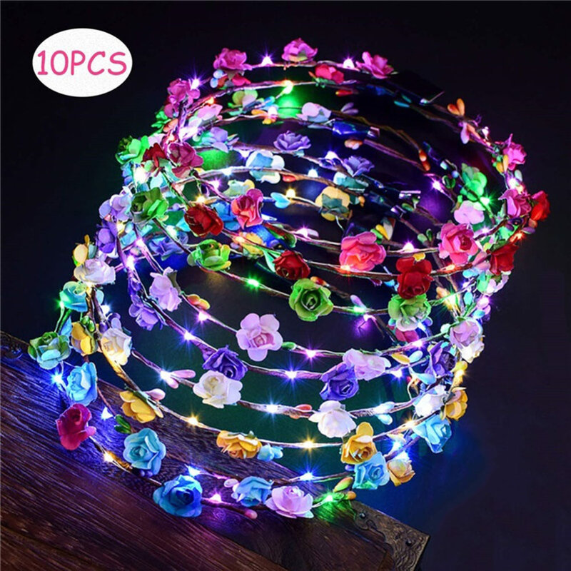 10pcs Glowing Garland Crown Flower Headband LED Light Christmas Wreath Decoration Luminous Hair Hairband for Wedding Party Light