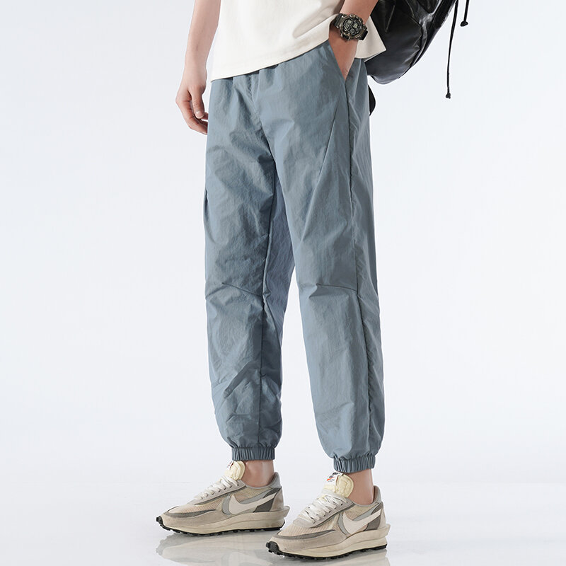 Fashion Solid Color Korean Elastic High Waist Casual Pants Men's Clothing 2024 Summer New Loose All-match Cropped Pants