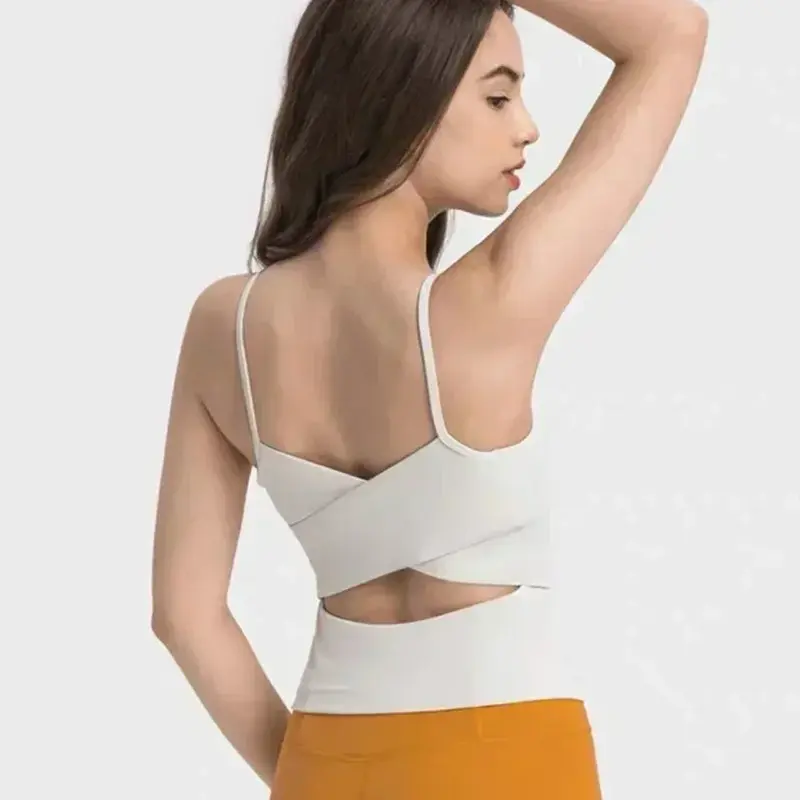 Lemon rompi Yoga wanita, Tank top olahraga modis dengan bantalan dada Splicing Halter berlubang dengan bantalan dada