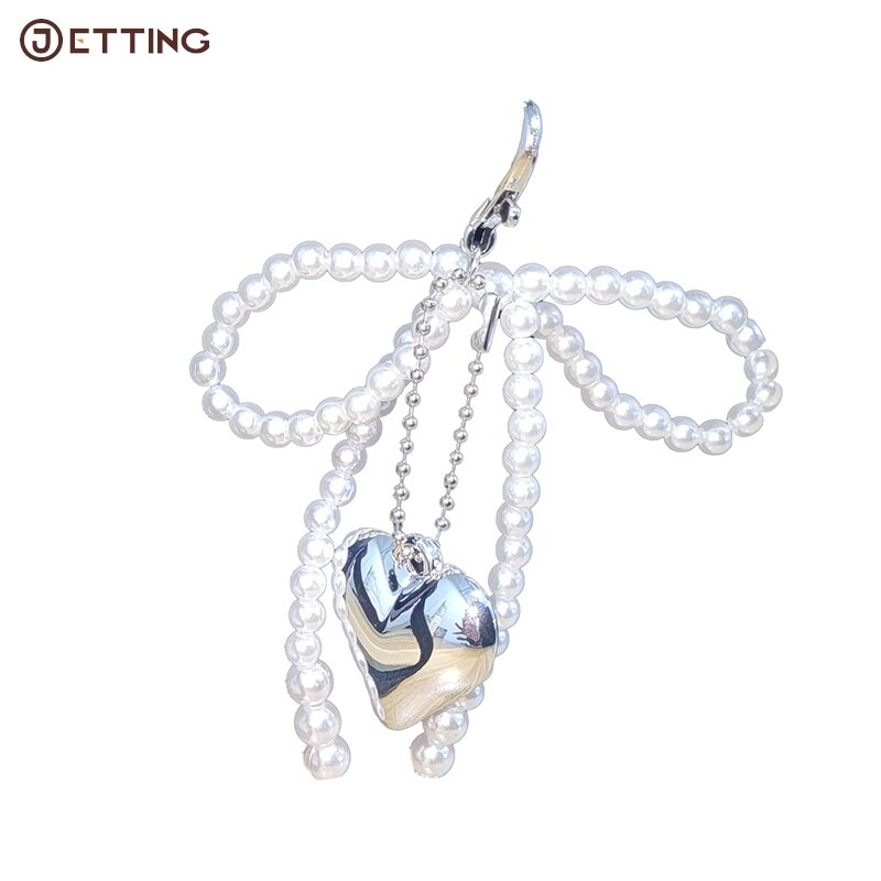 Korean Sweet Pearl Bow Keychain Heart Pendant Keyring Y2K Aesthetic Key Holder For Girls Bag Pendant Accessories