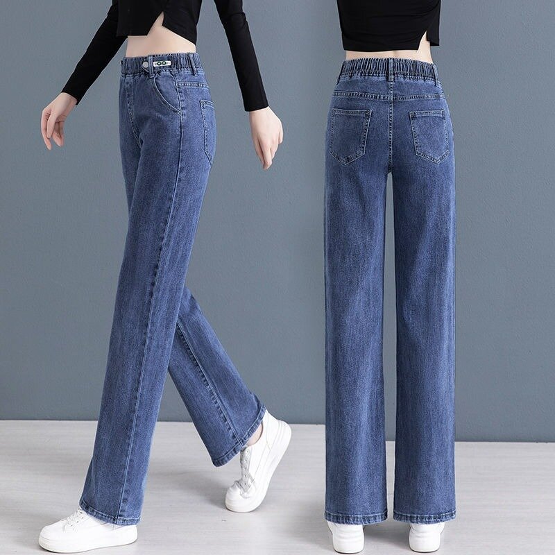 Celana Jeans wanita kaki lurus longgar pinggang tinggi musim semi musim gugur 2023 celana panjang kasual serbaguna tipis pertunjukan celana panjang