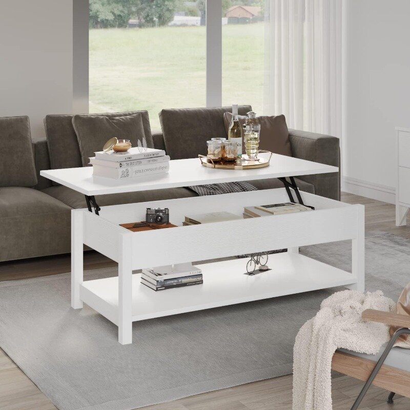 Levante a mesa de café superior com compartimento escondido & prateleira aberta do armazenamento, Farmhouse Up mesa para sala de estar