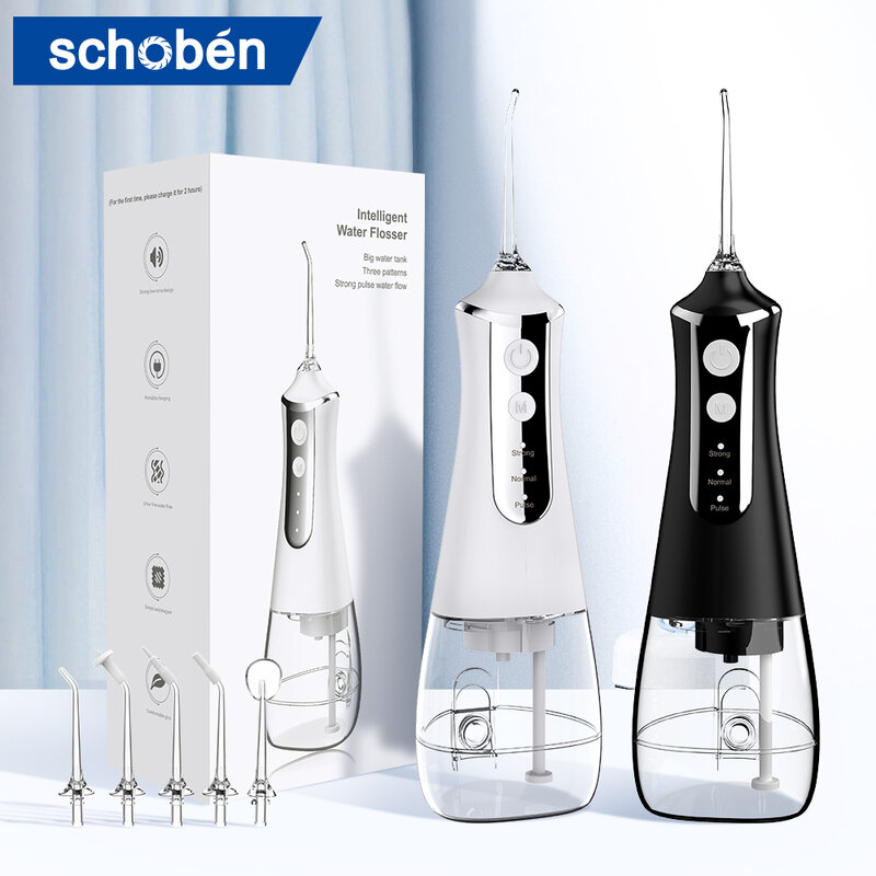 Schoben Dental Oral Irrigator Water Flosser Pick for Teeth Cleaner Thread Mouth Washing Machine 5 Nozzles 300ml Floss Jet