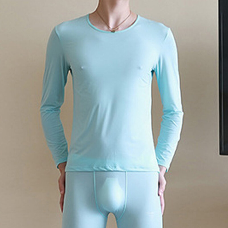 Men Thermal T-Shirt Sexy Ice Silk Seamless Underwear Tops Solid Nightwear Thin Breath Underwear Elasticity Comfortable Pajamas