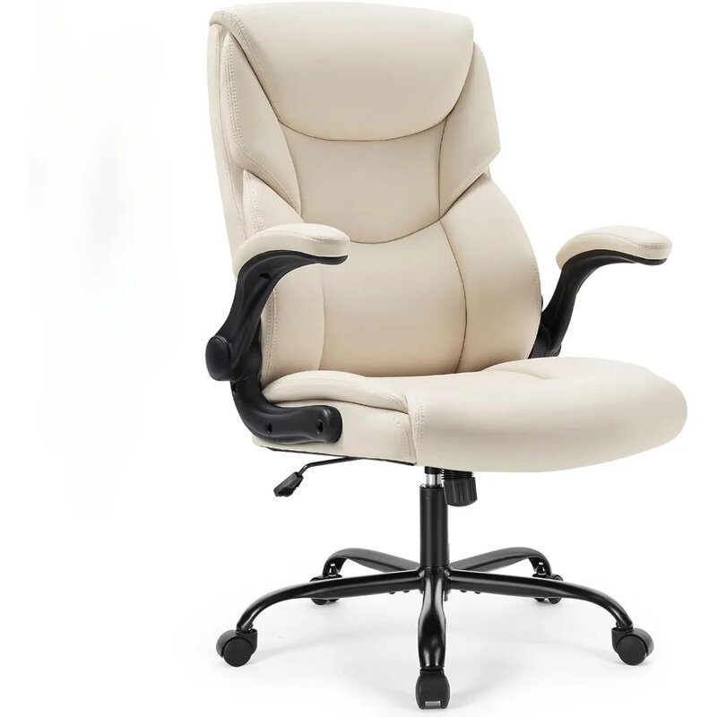 Kursi kantor ergonomis, punggung tinggi, kursi meja kerja berat, kulit PU, kursi bergulir dapat disetel di atas roda, warna krim