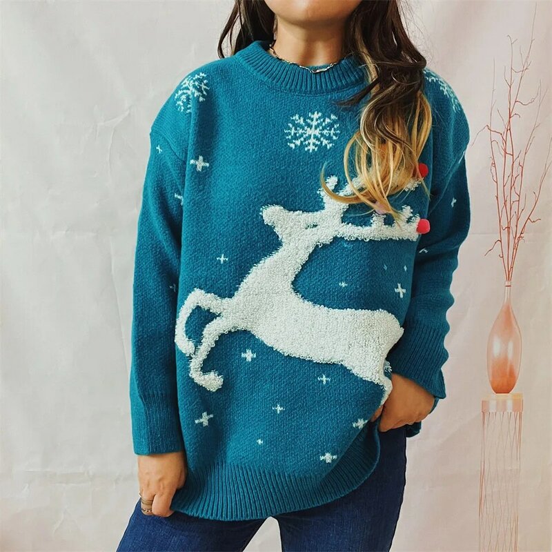 작은 사슴 눈송이 자카드 볼 크리스마스 스웨터, 라운드 넥 니트 풀오버, 2023 가을 겨울 신상