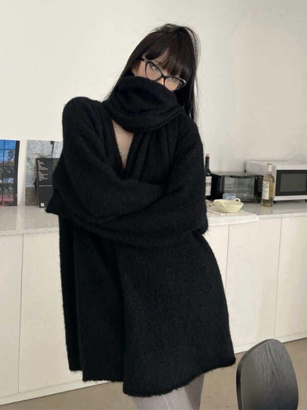 Deeptown Vintage maglione nero donna Harajuku Kpop maglione lavorato a maglia oversize stile pigro scollo a v Casual Y2K top Grunge Streetwear