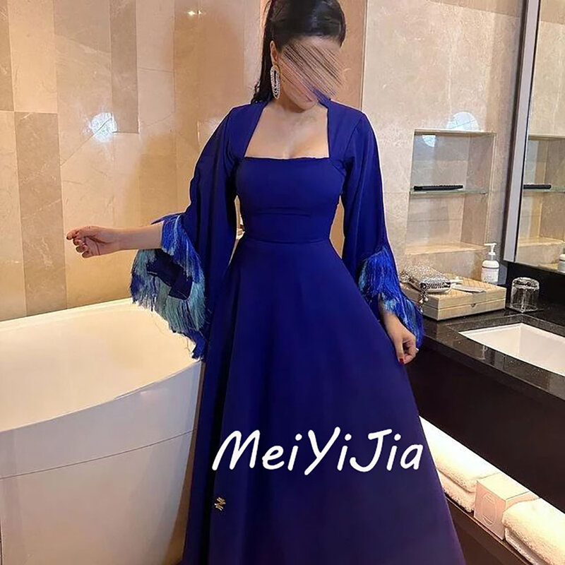 Meiyijia Abendkleid Saudi Quaste quadratischen Ausschnitt Perlen Satin A-Linie Arabien sexy Abend Geburtstag Club Outfits Sommer