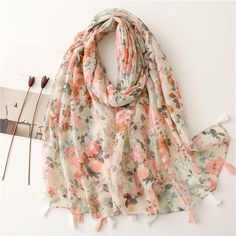 New Hot Selling Cotton and Hemp Hand Feel Printed Scarf for Women, Elegant and Gentle Pink Flower Tassels, Travel Sunscreen Beac