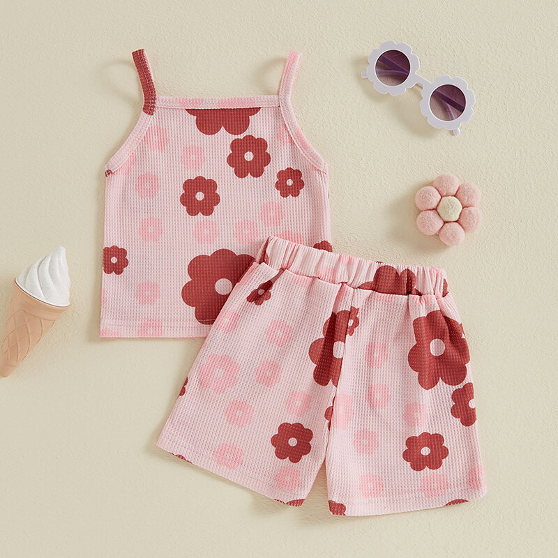 CHAUKAREAUL Baby Girl Summer Clothes Floral Sleeveless Spaghetti Strap Waffle Tank Tops Elastic Waist Shorts Toddler Set