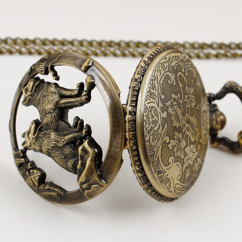 Cool Hound Wolf Dog Design Oco Quartz Pocket Watch Antique Bronze Necklace Pingente Relógios Mulheres Homens Presentes